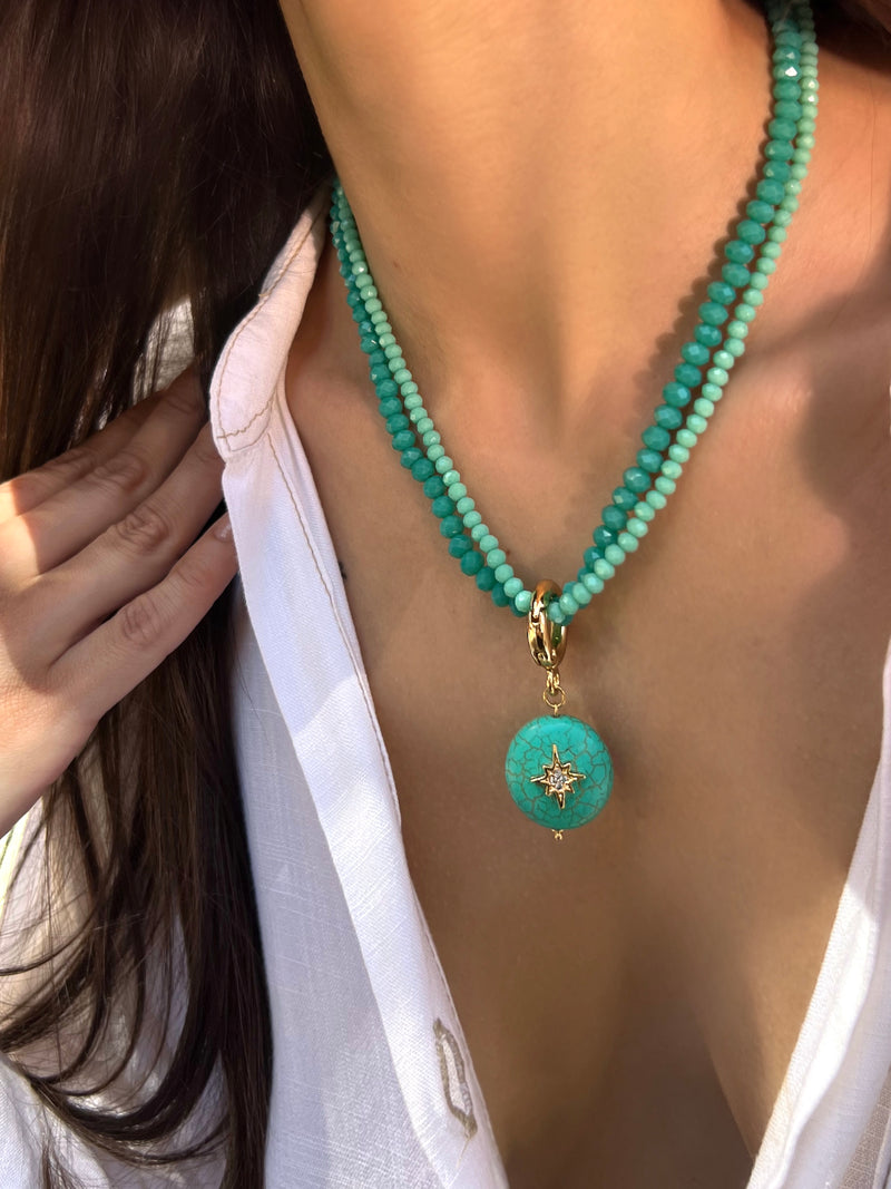 Colar Torsade Com Pedra Redonda Turquesa E Estrela Cravejada