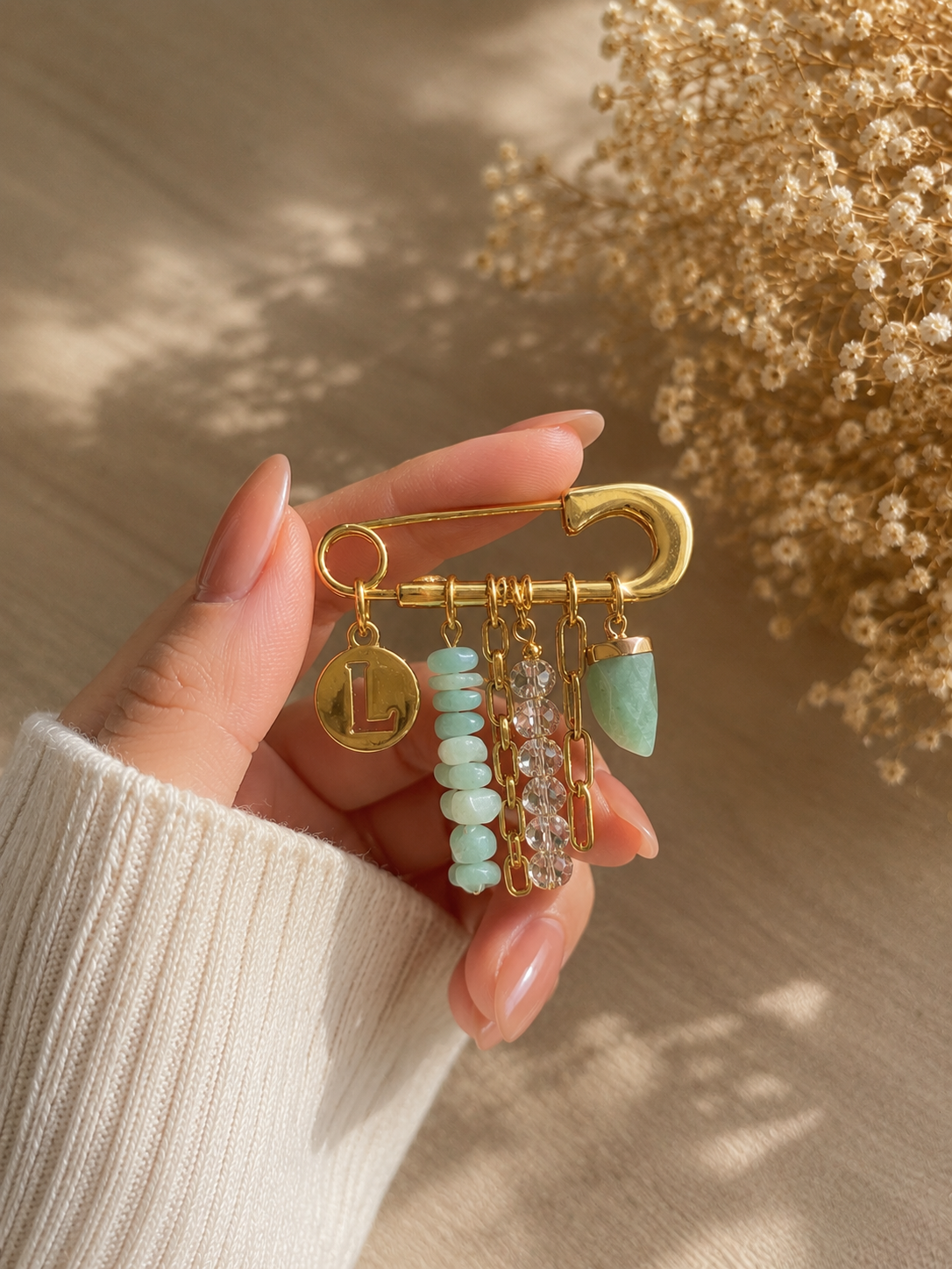 Broche Pedras Amazonita Com Inicial