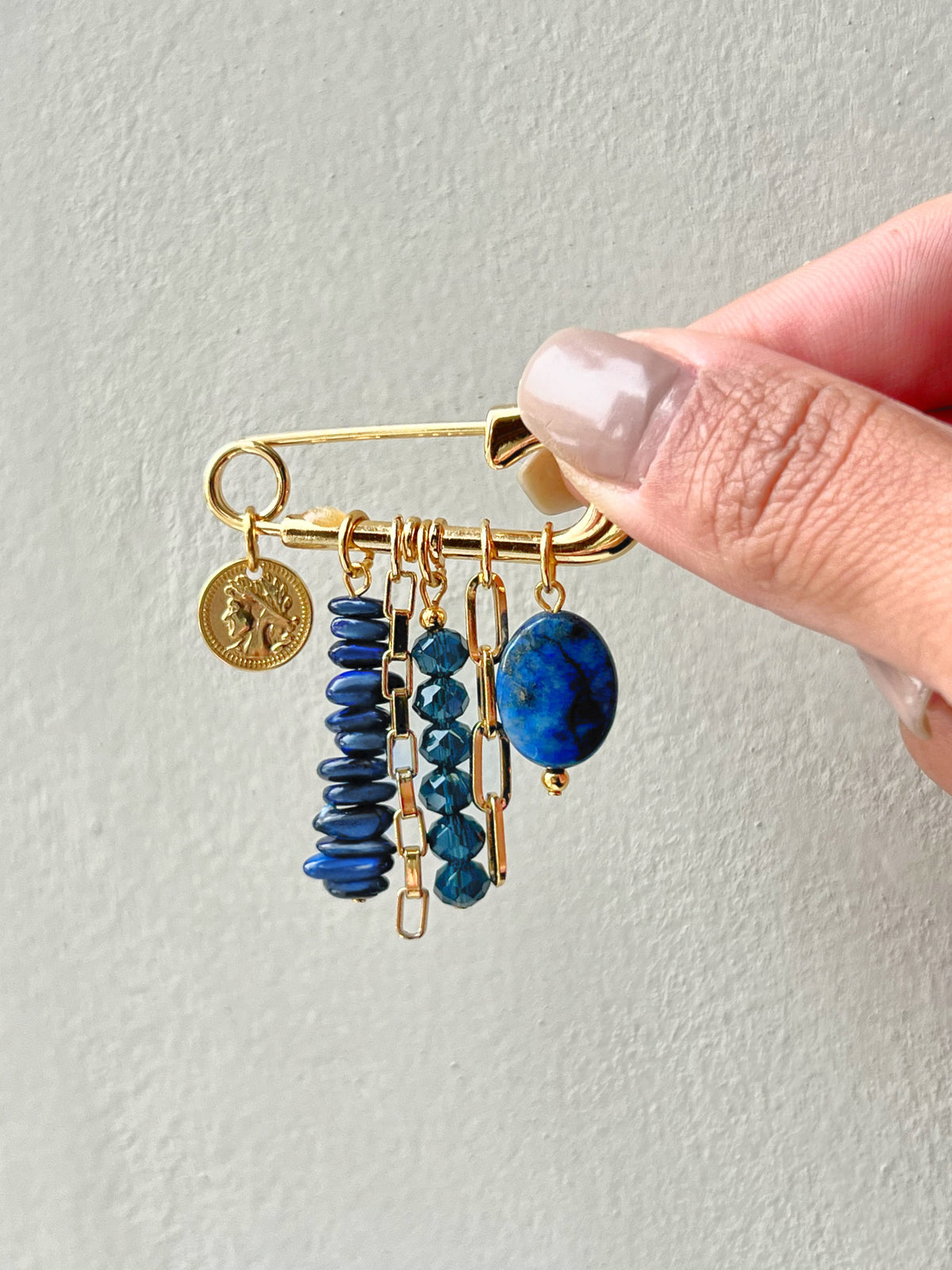 Broche Pedras Lapis Lazuli Com Moeda Antiga