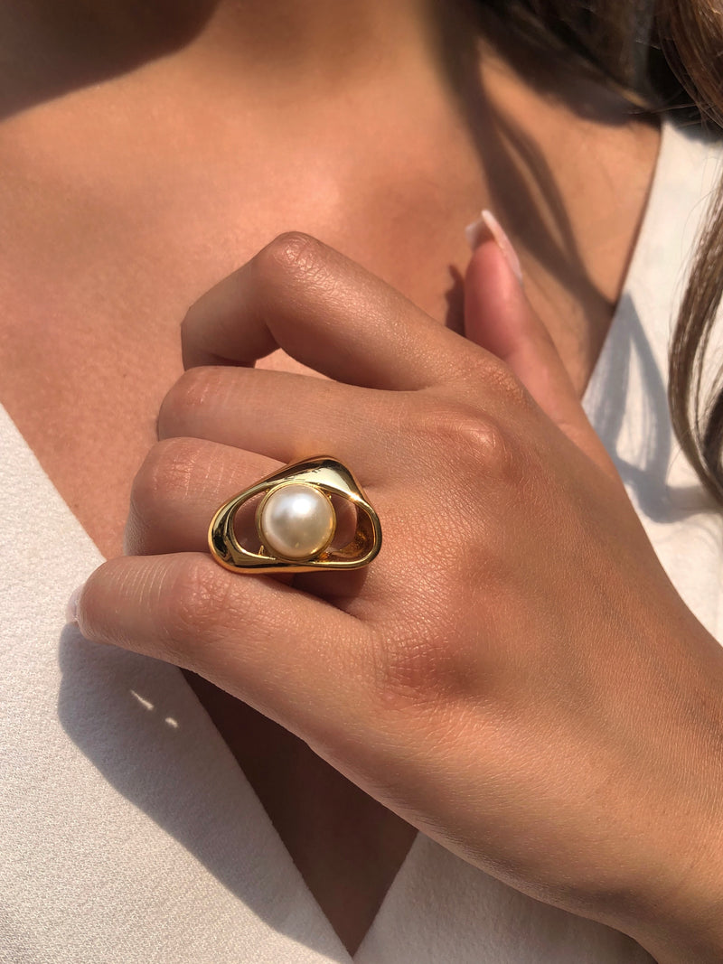 Anel Banho Ouro Com Pérola Tamanho 20