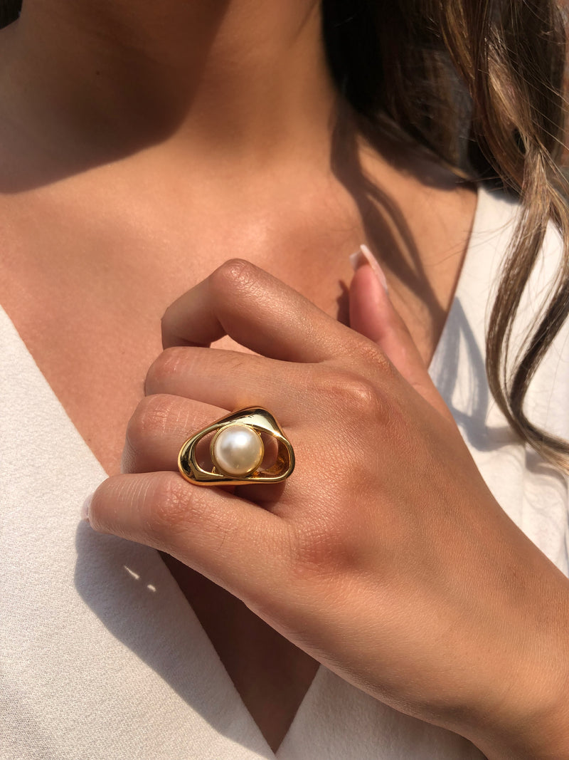 Anel Banho Ouro Com Pérola Tamanho 20