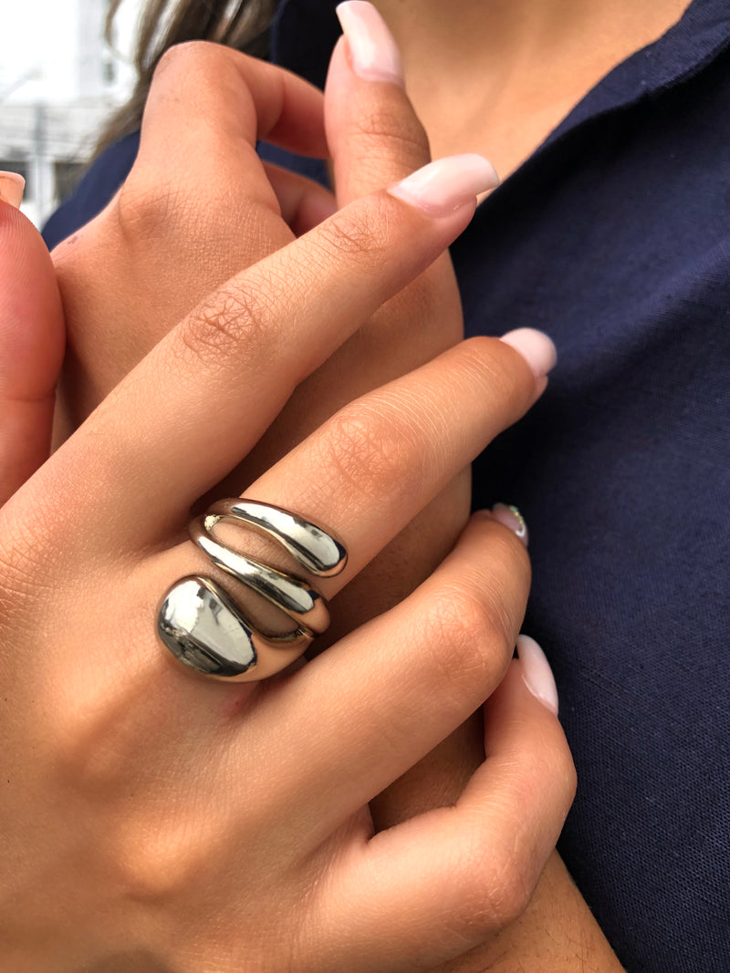 Anel Orgânico Triplo Ródio Branco  - Tamanho 20