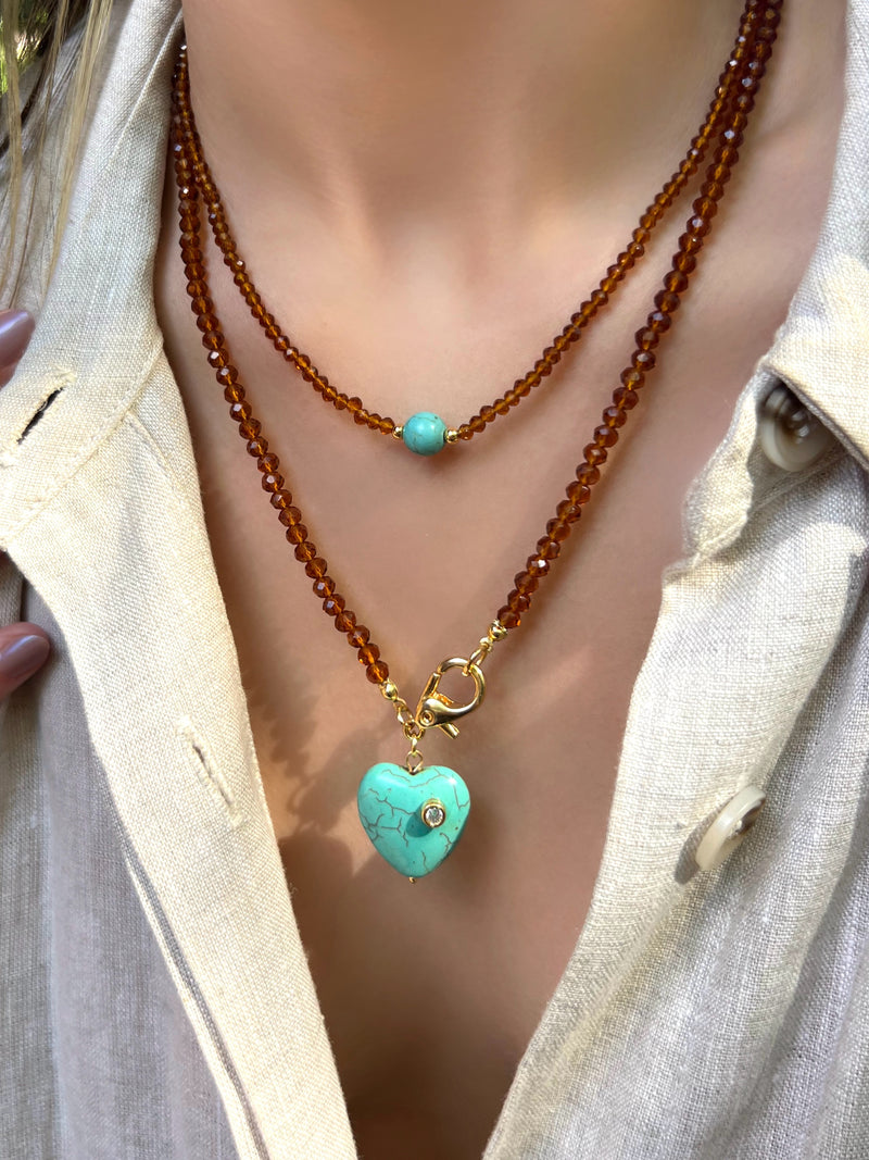 Mix De Dois Colares Cristais Marrom Com Pedras Naturais Redonda E Coração Turquesa