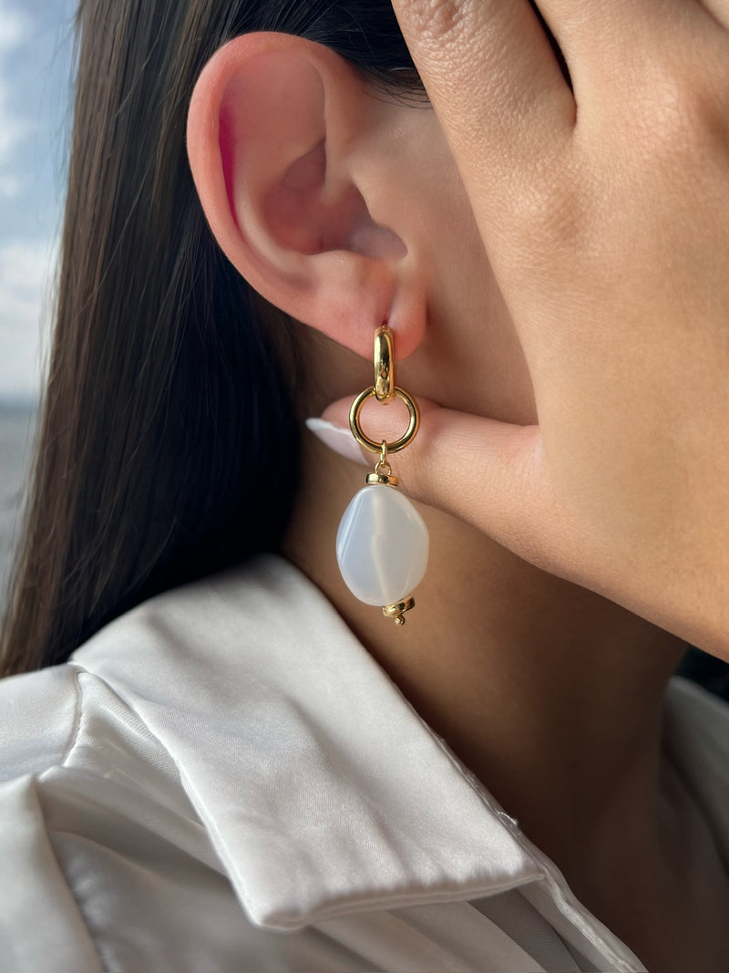 Brinco Argola Pedra Natural Ágata Branca