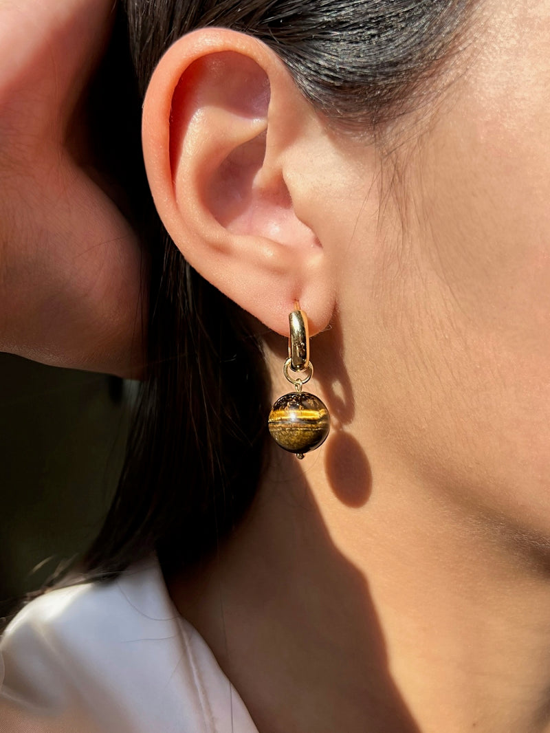 Brinco Argola Pedra Redonda Olho De Tigre