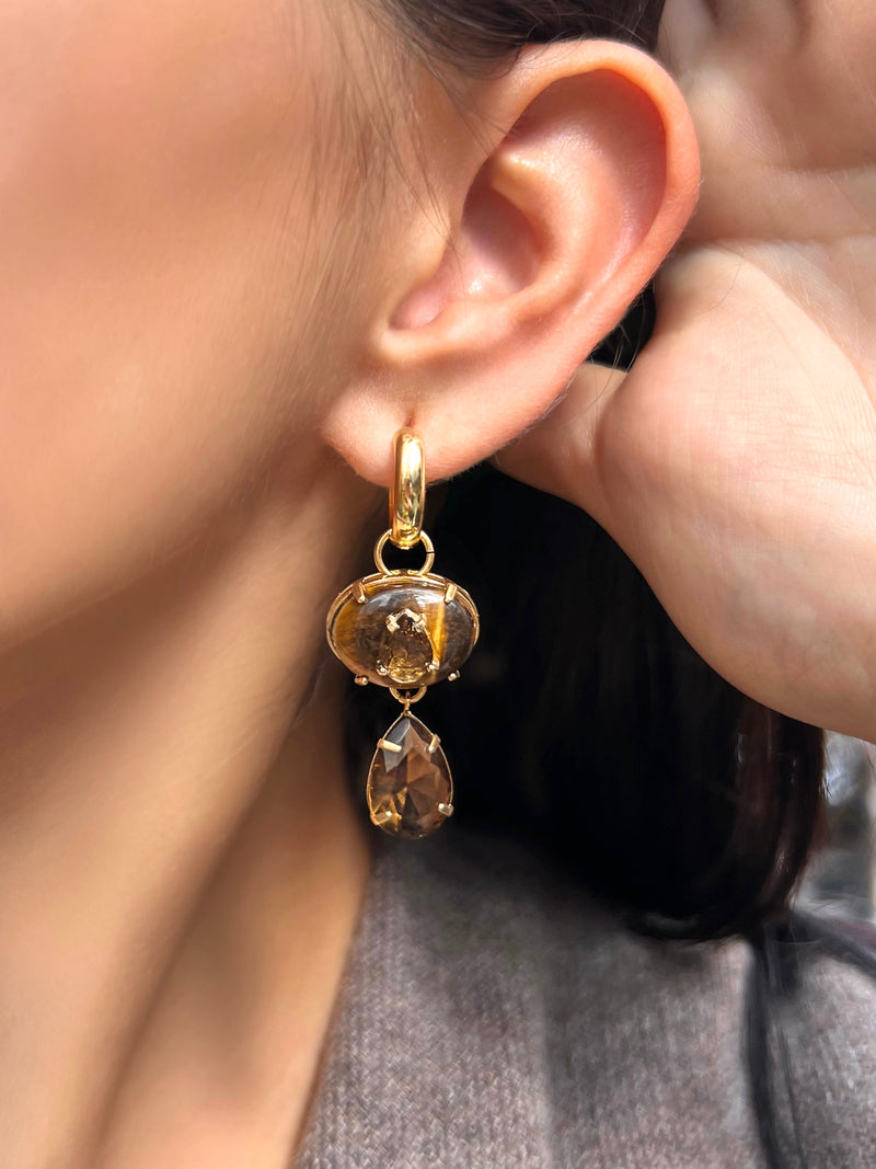 Brinco De Argola Olho De Tigre E Gota Marrom