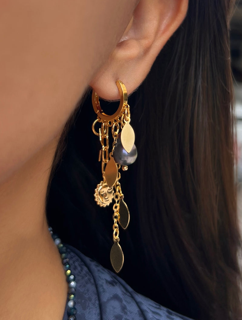 Brinco Argola Pingentes Céu E Navetes Banho Ouro Com Pérola Azul