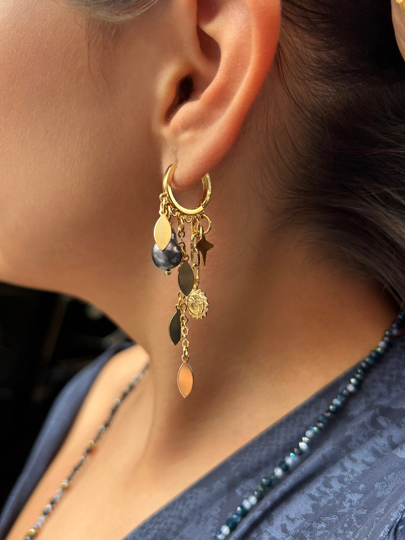 Brinco Argola Pingentes Céu E Navetes Banho Ouro Com Pérola Azul