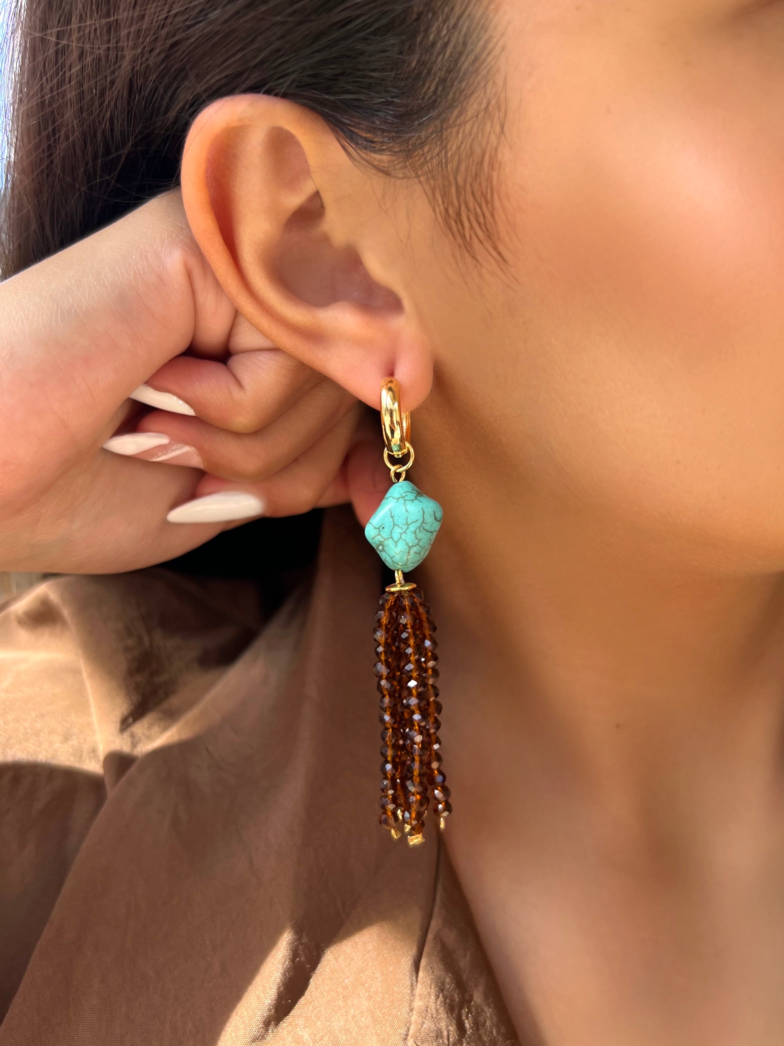 Brinco Pedra Turquesa e Franja Tassel