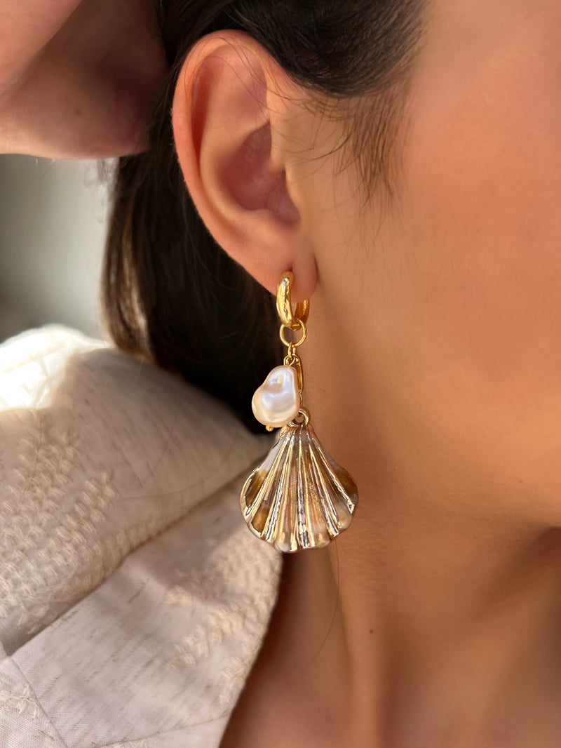 Brinco Argola Linha Mar Concha E Pérola Acrilica