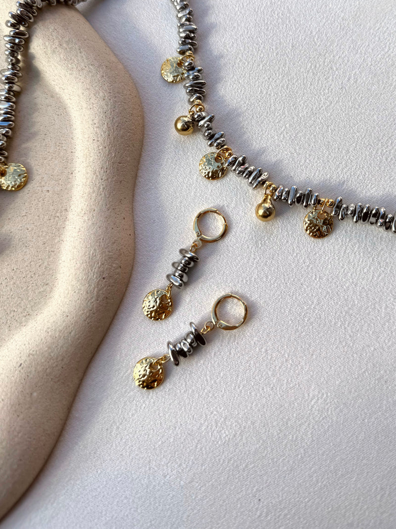 Brinco Argola Cascalho Hematita Ródio E Pin Dourado