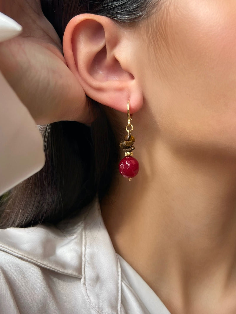 Brinco Argola Com Pedra Jade Rubi E Cascalho Olho de Tigre