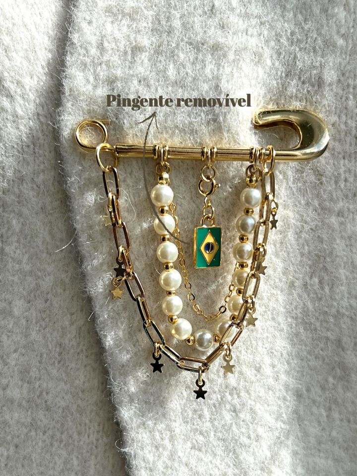 Broche Pérolas e Correntes Com Inicial