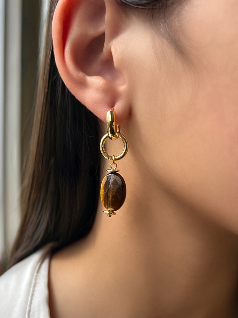 Brinco Argola Ouro Com Pedra Olho De Tigre