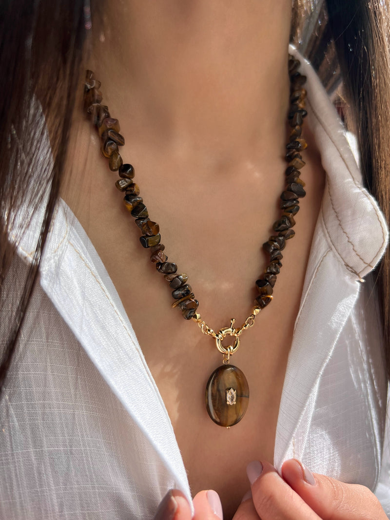 Colar Cascalho Olho de Tigre E Pedra Ágata Marrom Com Fecho Boia 50cm