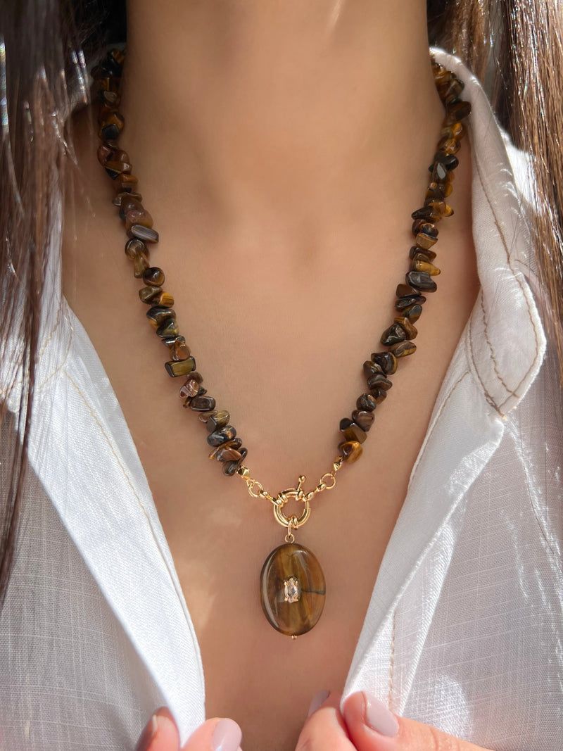 Colar Cascalho Olho de Tigre E Pedra Ágata Marrom Com Fecho Boia 50cm