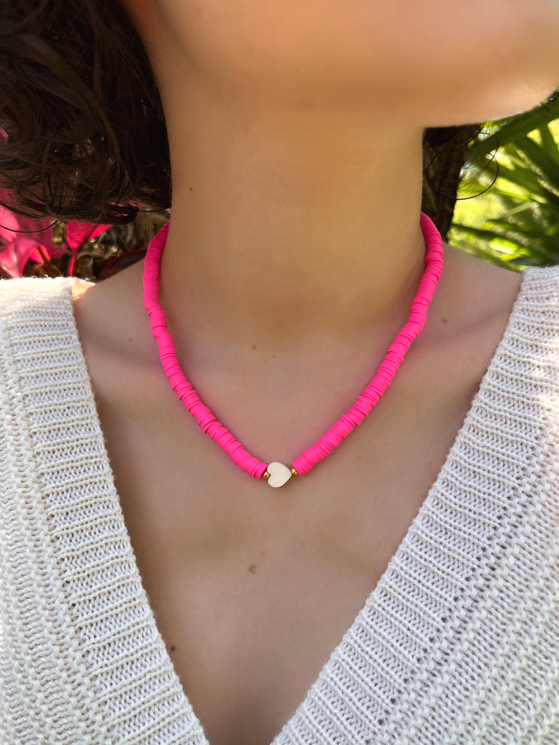 Choker Betina Coração Madrepérola Discos Pink 40cm*