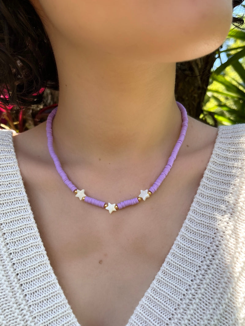 Choker Betina Estrelas Madrepérola Discos Lilás 40cm*