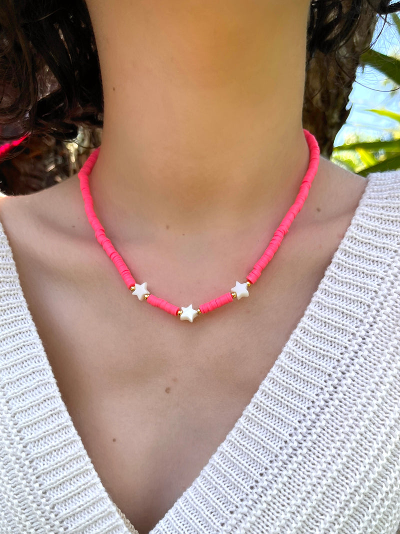 Choker Betina Estrelas Madrepérola Discos Pink 40cm*