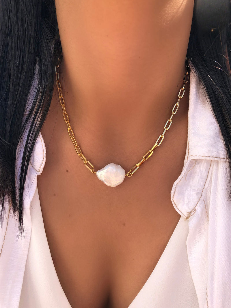 Colar Elos Com Pérola Barroca 40cm