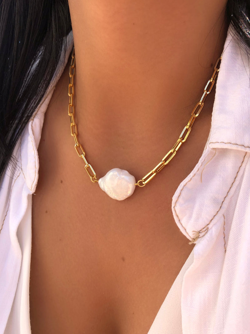 Colar Elos Com Pérola Barroca 40cm