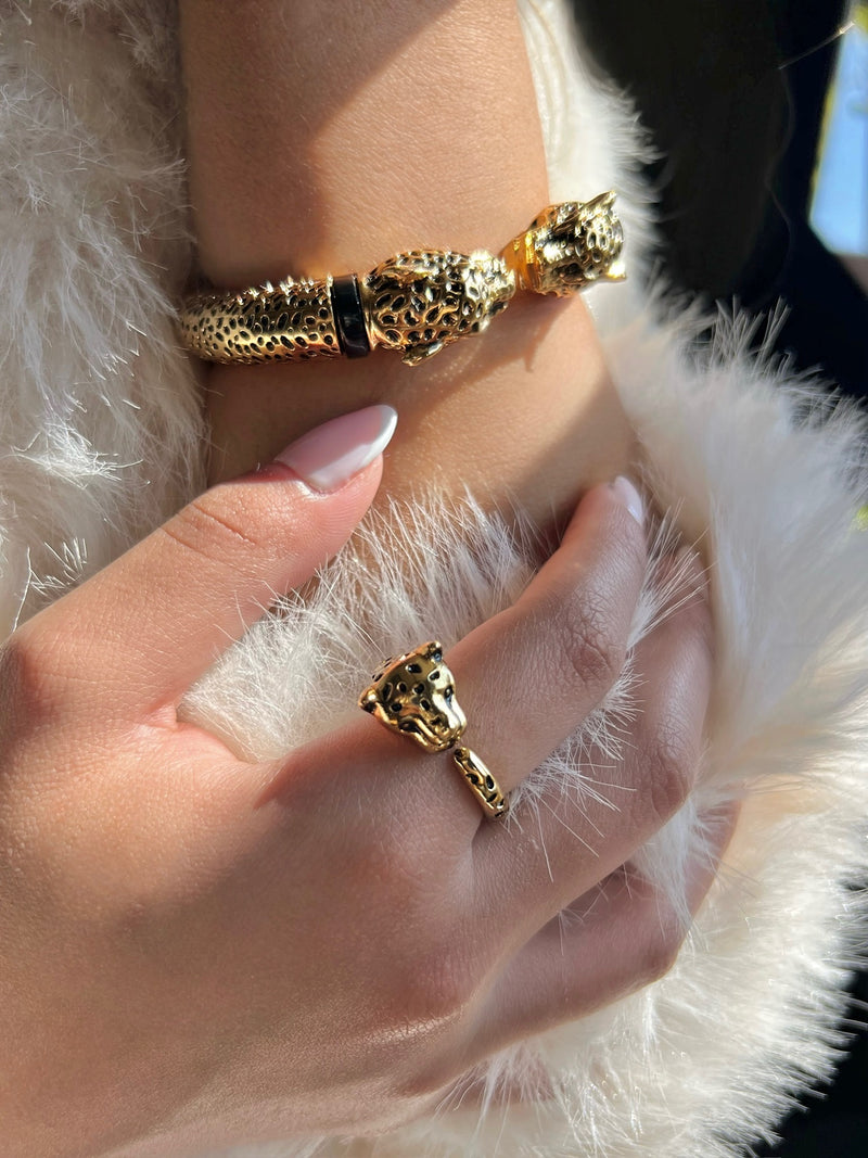 Conjunto de 2 Peças Bracelete E Anel Onça Banho Ouro 18k