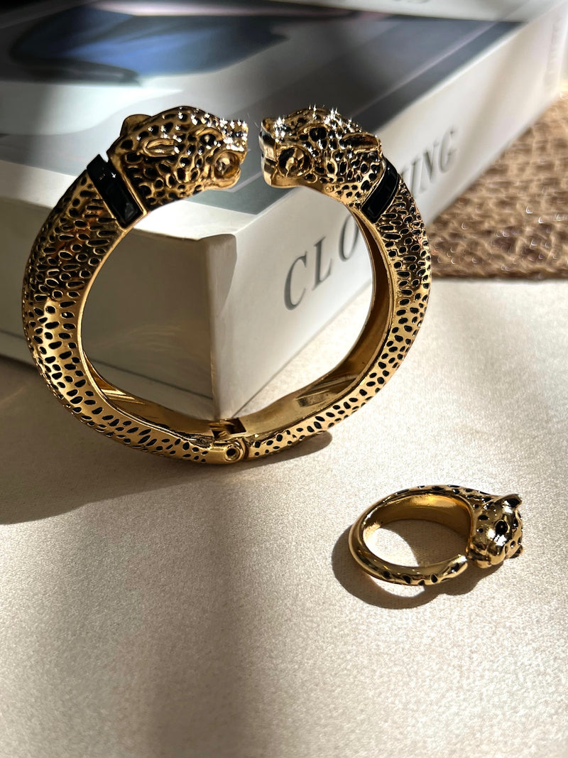 Conjunto de 2 Peças Bracelete E Anel Onça Banho Ouro 18k