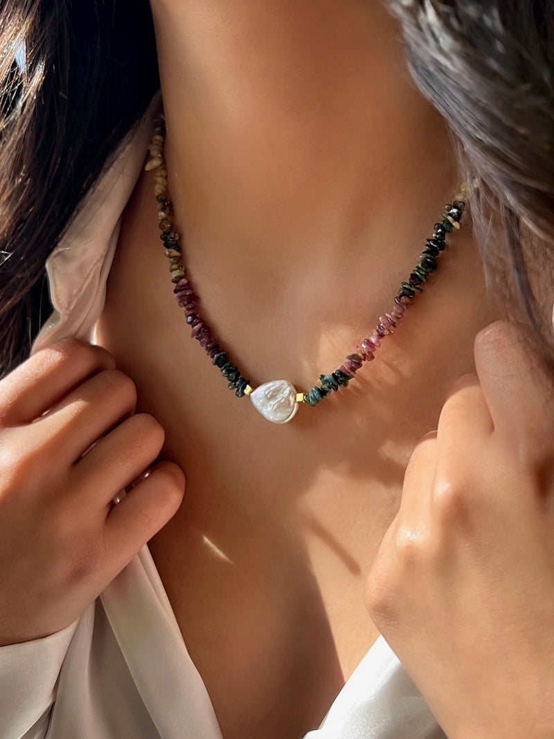 Colar Cascalho Turmalina E Pérola Barroca 45cm