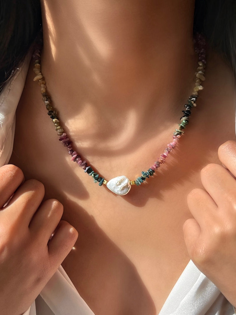 Colar Cascalho Turmalina E Pérola Barroca 45cm