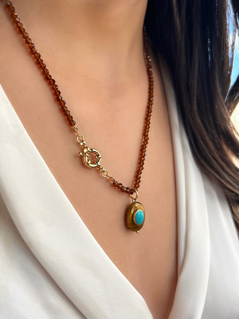 Colar Cristais Marrom Com Pedra Olho de Tigre E Gota