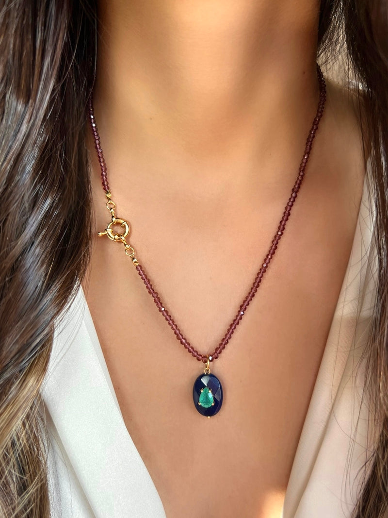 Colar Cristais Cor Roxo Granada E Pedra Lapis Lazuli