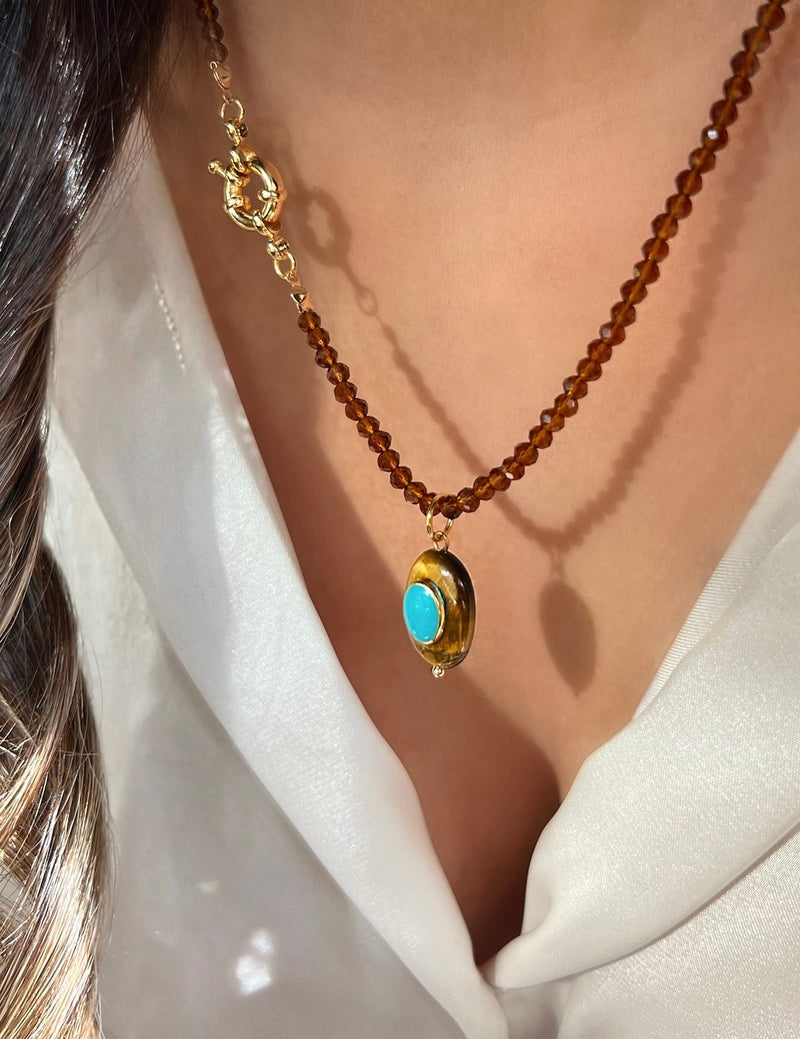 Colar Cristais Marrom Com Pedra Olho de Tigre E Gota