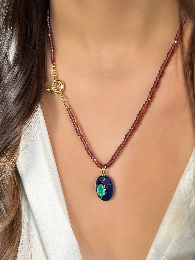 Colar Cristais Cor Roxo Granada E Pedra Lapis Lazuli