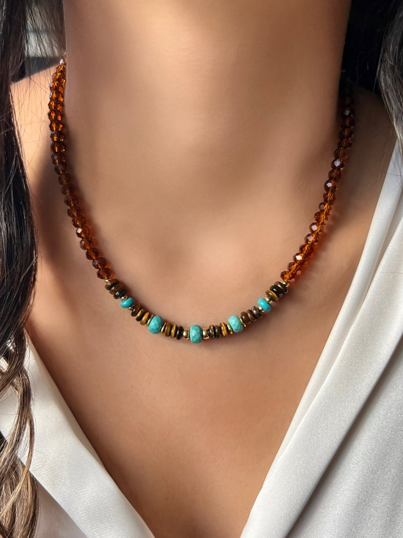 Colar Cristais Olho De Tigre E Turquesa 40cm