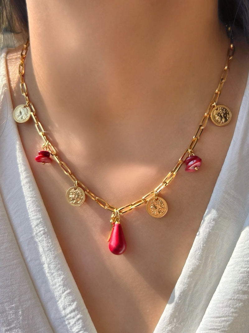 Colar Com Pingentes E Pedra Natural Jade Rubi 45cm