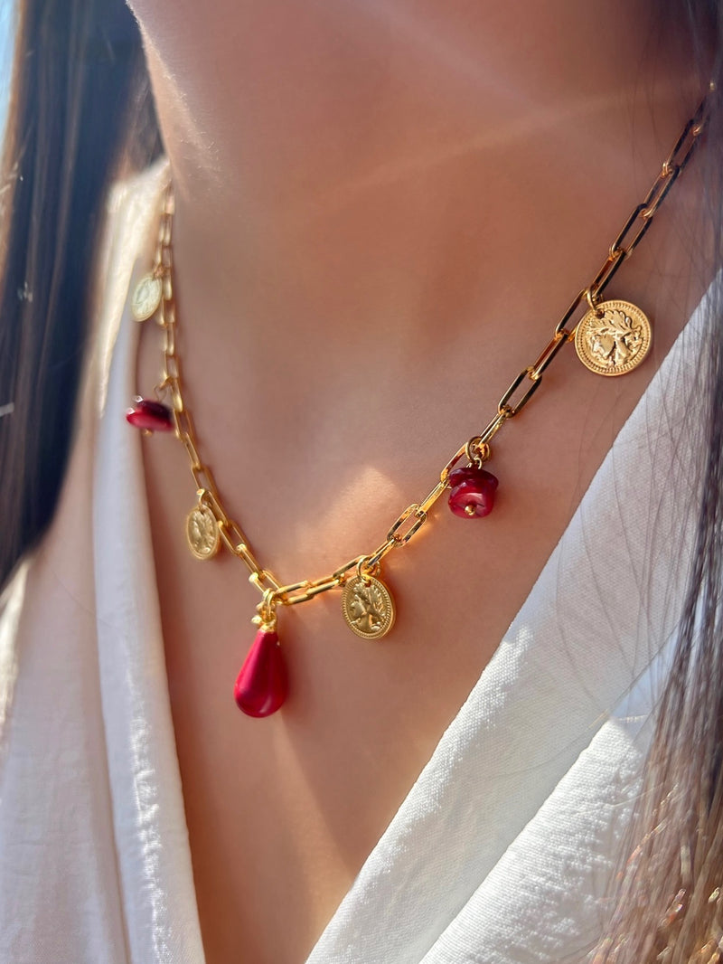 Colar Com Pingentes E Pedra Natural Jade Rubi 45cm