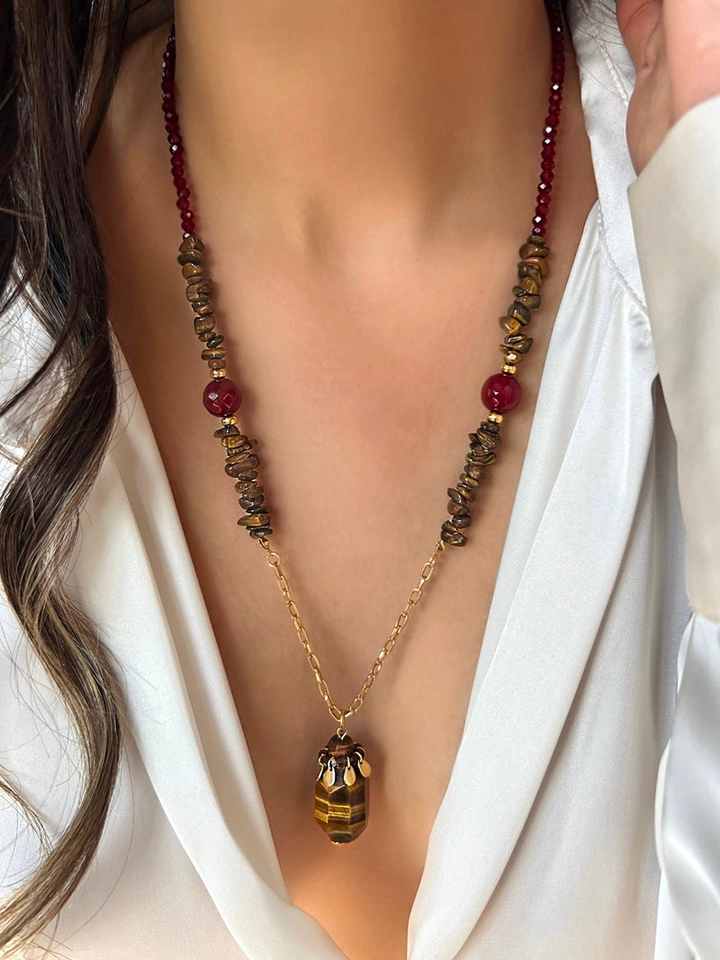 Colar Cristais Vermelho E Pedra Olho De Tigre 70cm