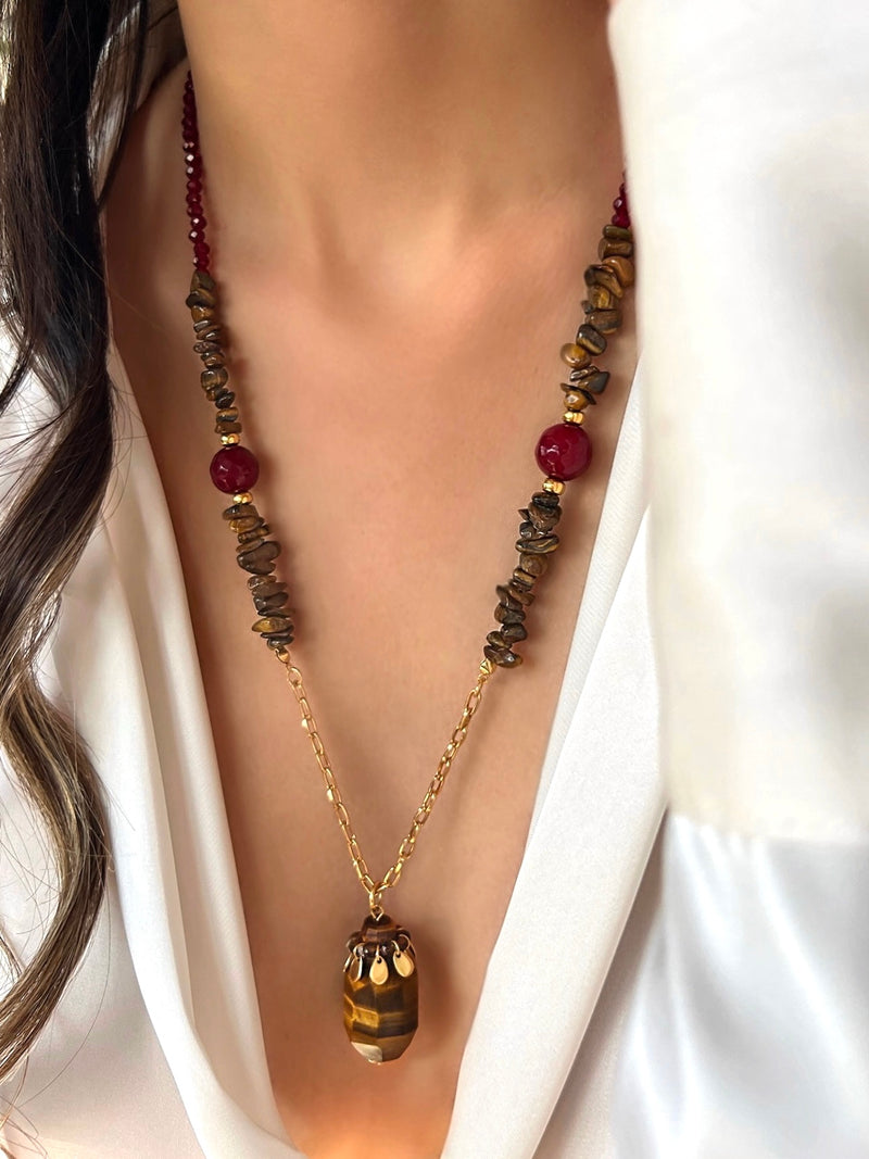 Colar Cristais Vermelho E Pedra Olho De Tigre 70cm