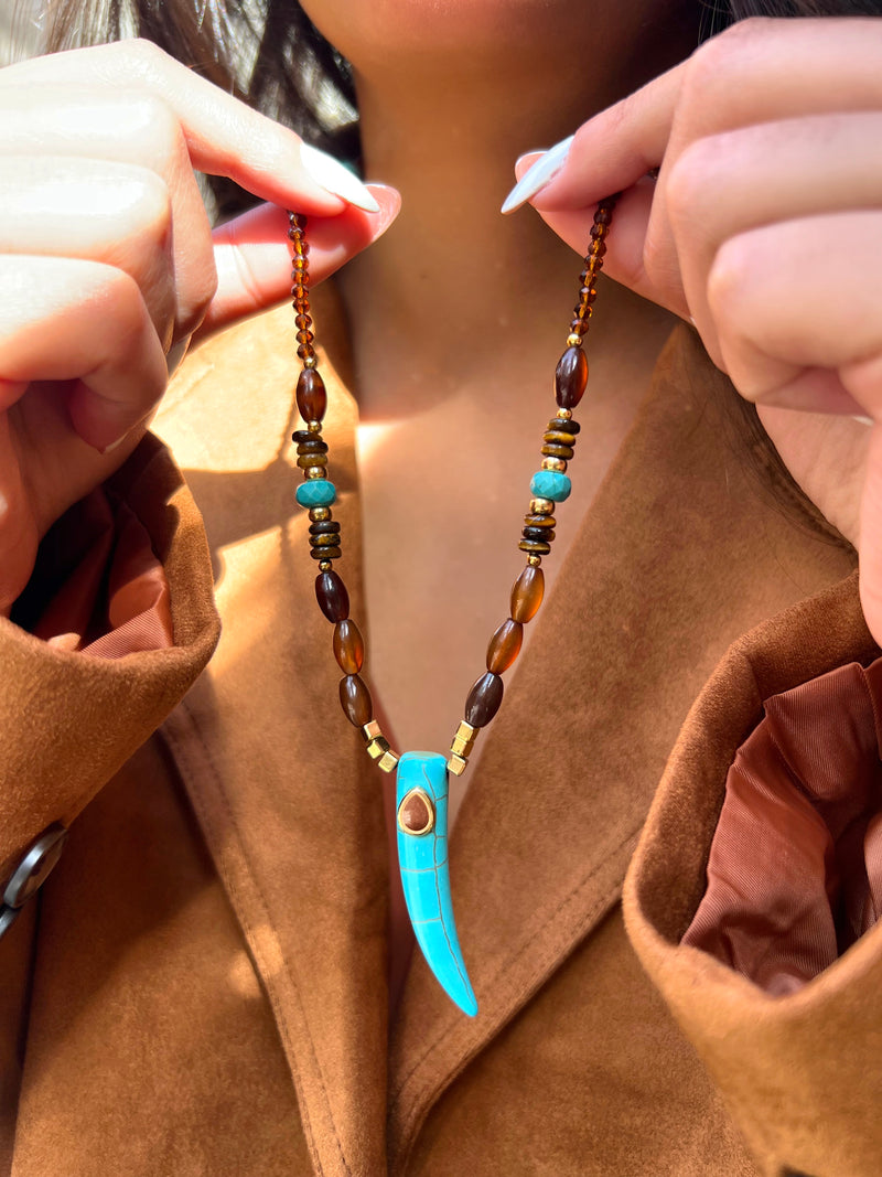 Colar Ágata Marrom Rodelas Olho De Tigre E Dente Turquesa 70cm