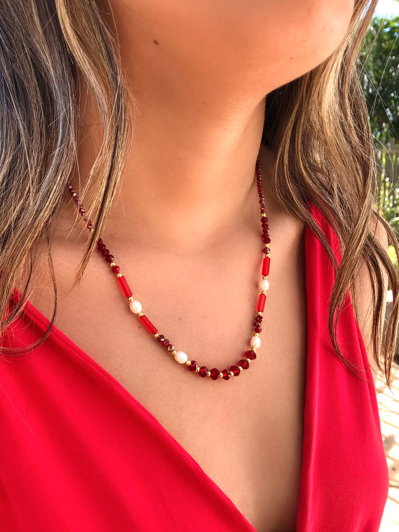 Colar Carol Cristais Lapidados Vermelho Cherry 50cm