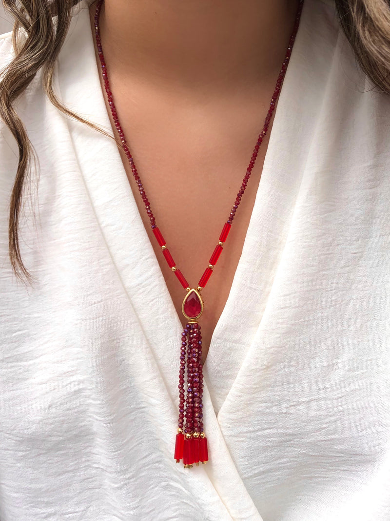 Colar Carol Cristais Lapidados Vermelho Cherry Gota E Tassel 70cm