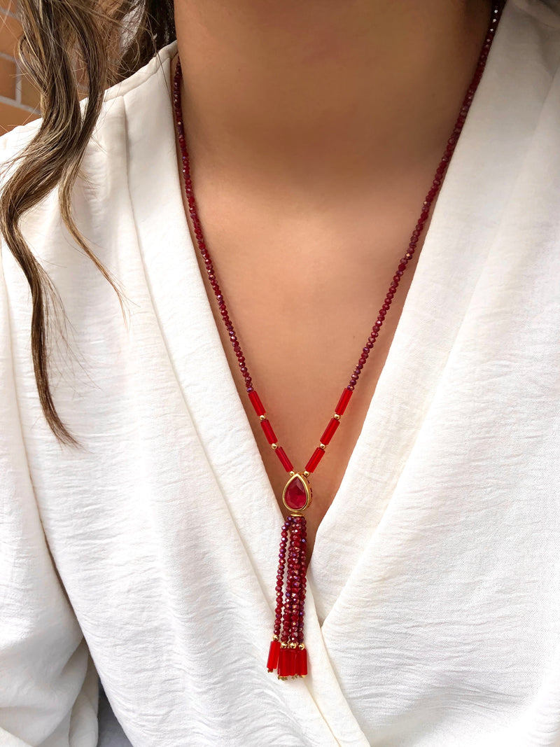 Colar Carol Cristais Lapidados Vermelho Cherry Gota E Tassel 70cm