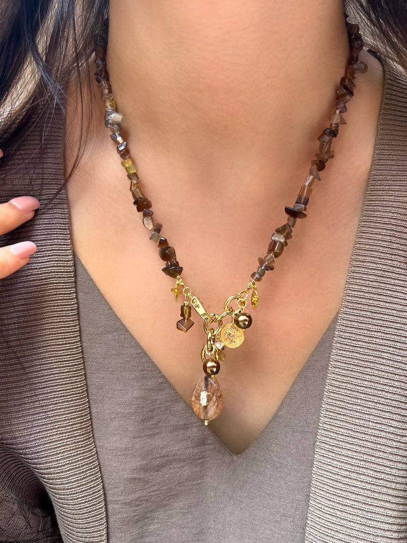 Colar Cascalho E Pedras Naturais Ágata Marrom 50cm