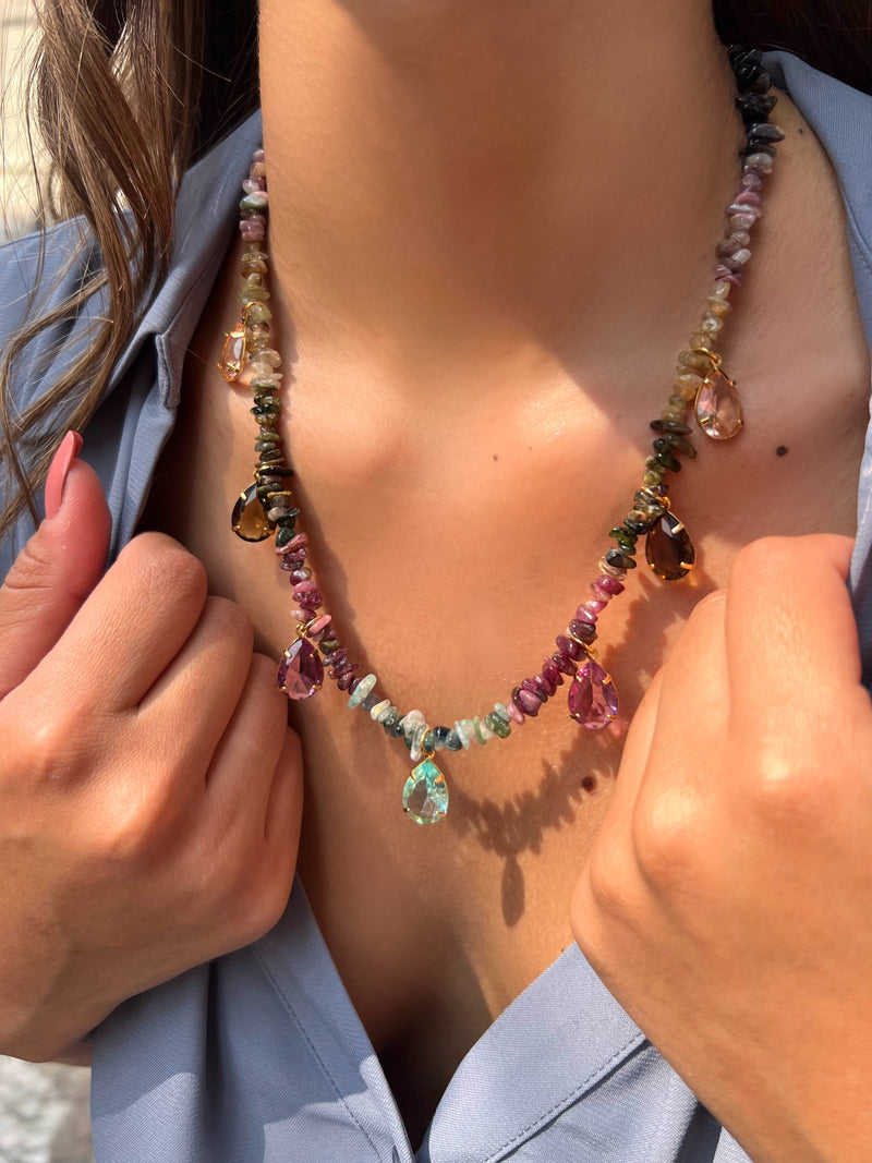 Colar Flora Cascalhos Turmalina E Gotas Coloridas 45cm