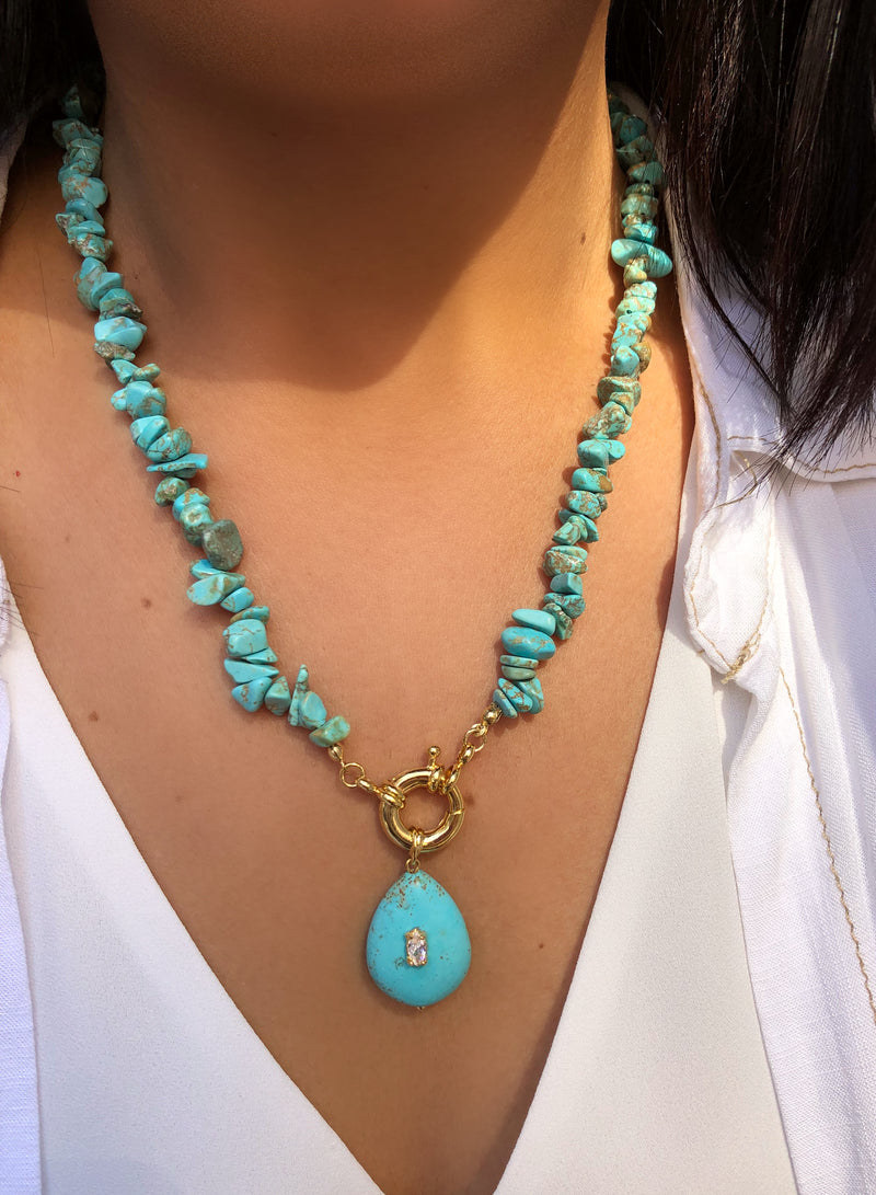 Colar Cascalhos Turquesa E Gota Pedra Turquesa 50cm
