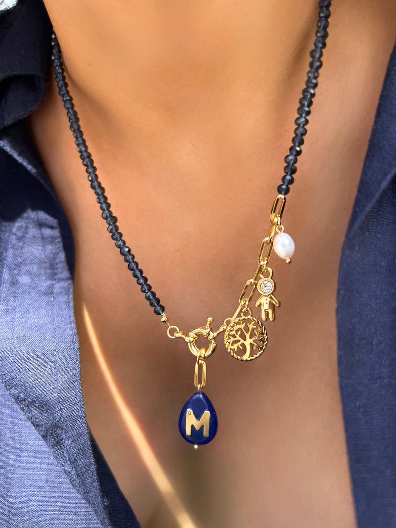 Colar Pins Removíveis Com Inicial Lapis Lazuli 50cm