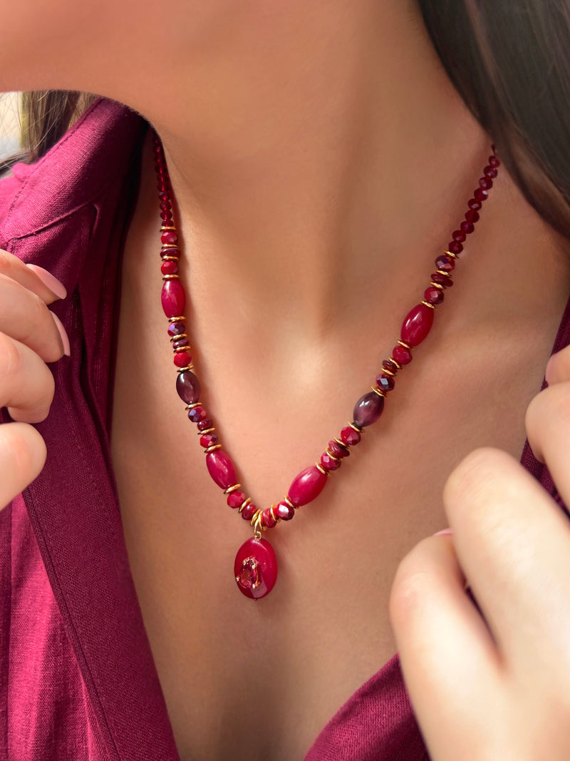 Colar Com Pedras Naturais Jade Rubi 50cm