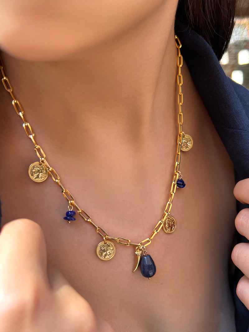 Colar Com Pingentes E Pedra Natural Safira Azul 45cm
