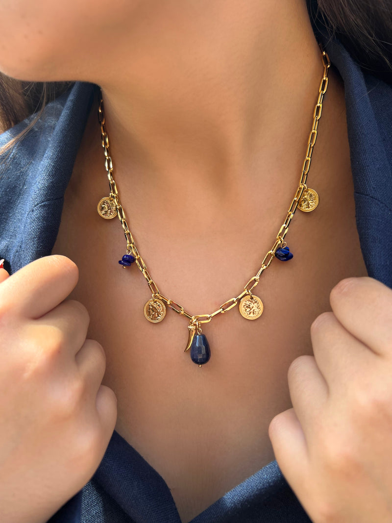 Colar Com Pingentes E Pedra Natural Safira Azul 45cm