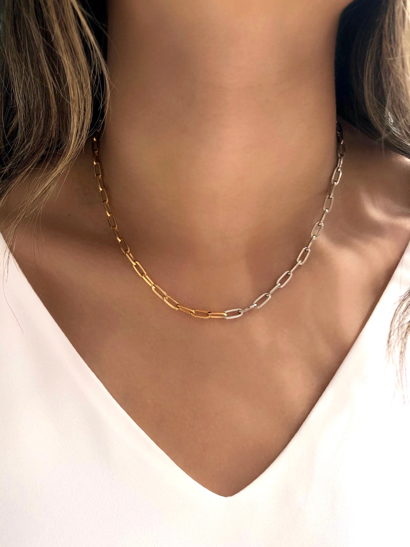 Colar Corrente Duo Elos Fina Ródio Branco E Ouro 42cm